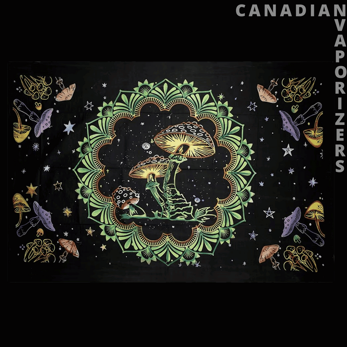 Celestial & Psychedelic Tapestry - Black tapestry featuring a glowing green mandala frame, golden mushrooms, stars, and celestial motifs.
