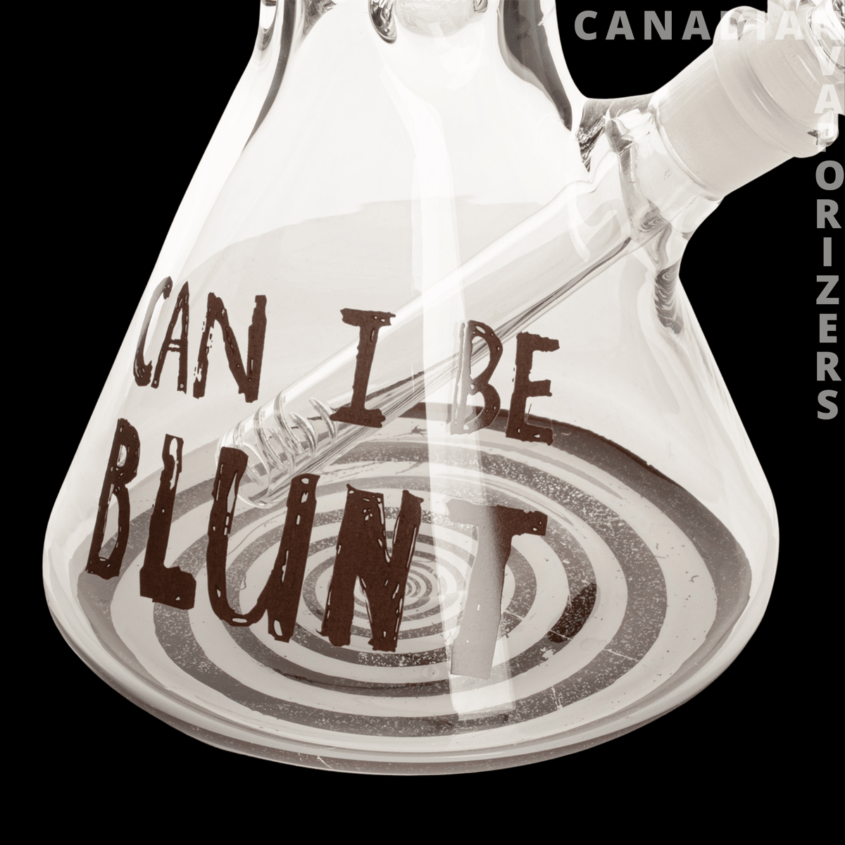 Cheech & Chong 15" 7mm Thick Can I Be Blunt Beaker Base Water Pipe - Clear glass beaker water pipe with bold brown “Can I Be Blunt” lettering and a thick rounded base.