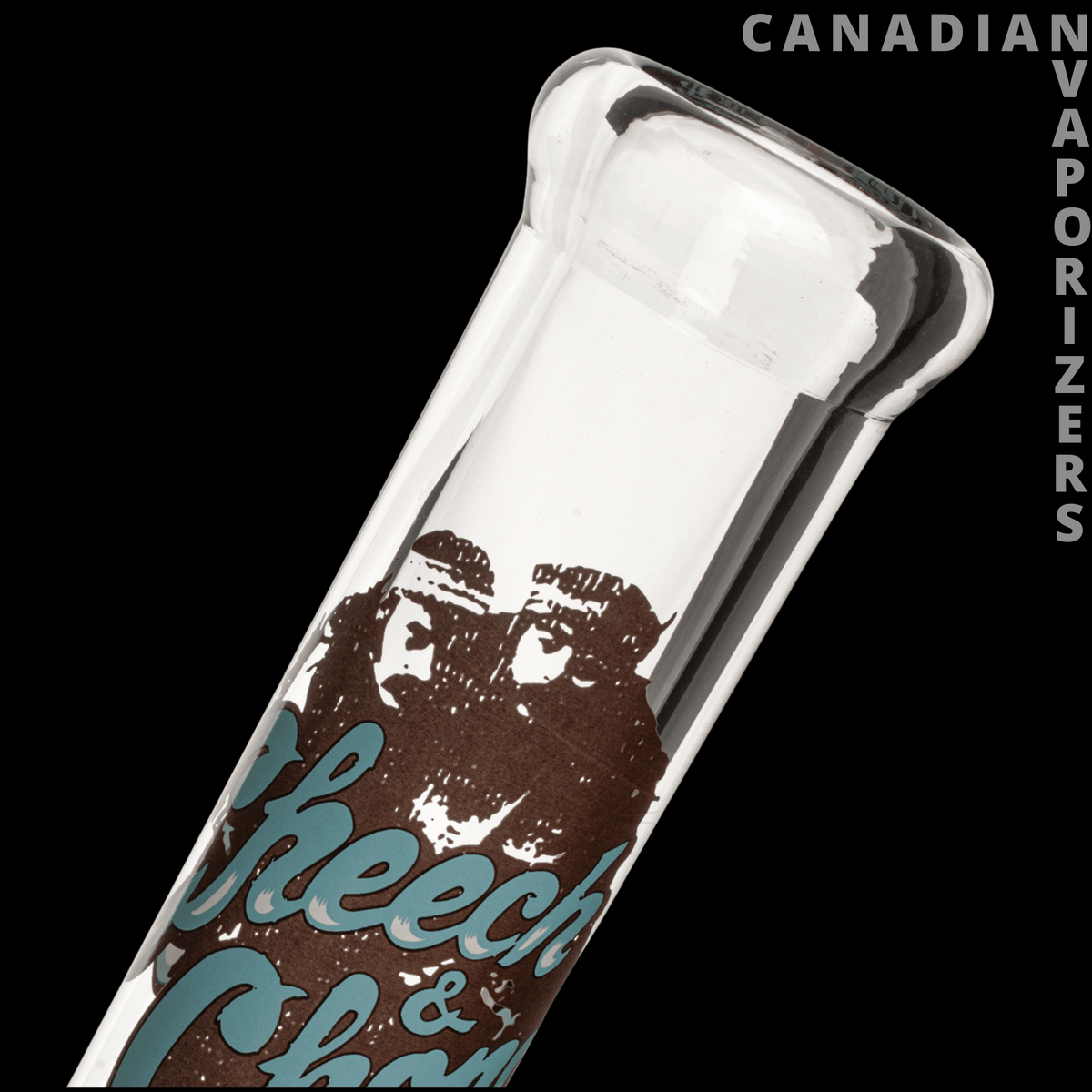 Cheech & Chong 15" 7mm Thick Can I Be Blunt Beaker Base Water Pipe - Clear glass water pipe neck with brown-and-teal Cheech & Chong artwork and a flared rim.