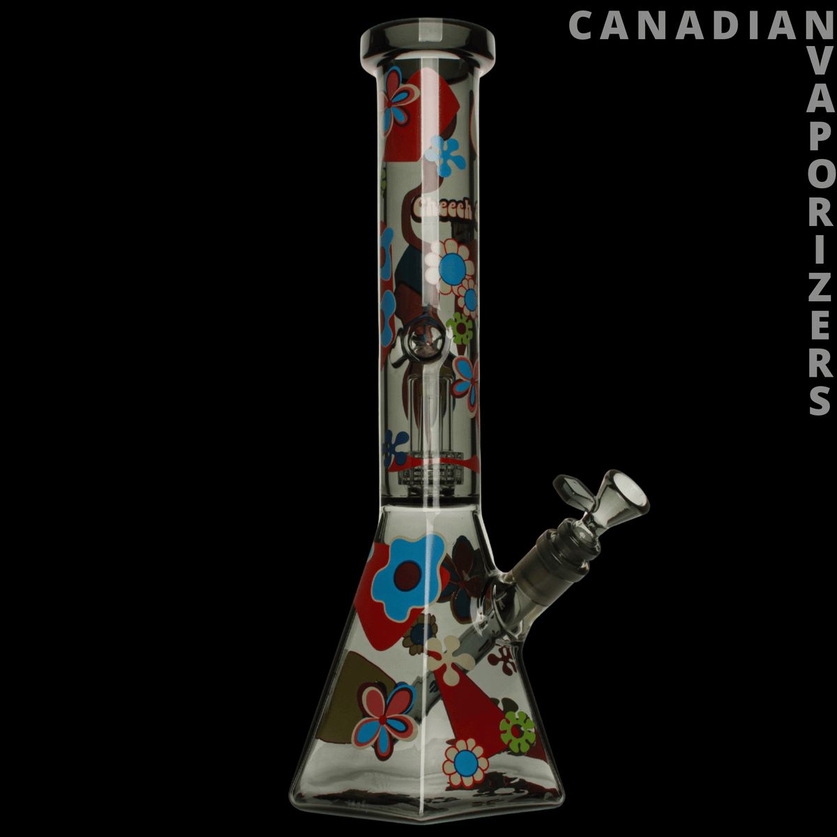 Cheech & Chong Glass 15" Power to the Flower Dual Chamber Hex Beaker Base Water Pipe - Smoke glass dual-chamber hex beaker water pipe with colorful floral graphics and angled bowl.