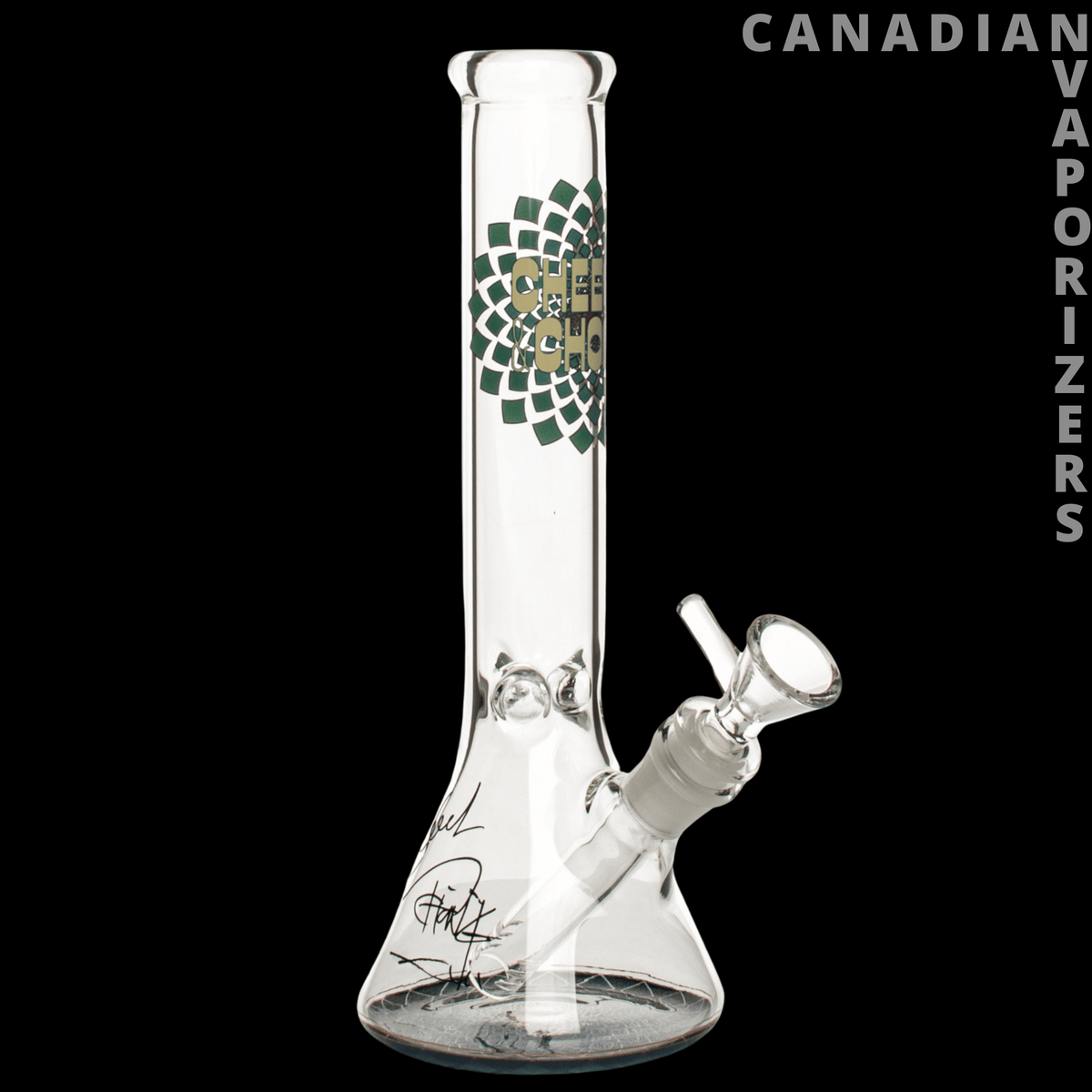 Cheech & Chongs 10" Fibonacci Beaker Base Water Pipe - Clear glass beaker water pipe with a green-and-gold Fibonacci design and angled side joint.