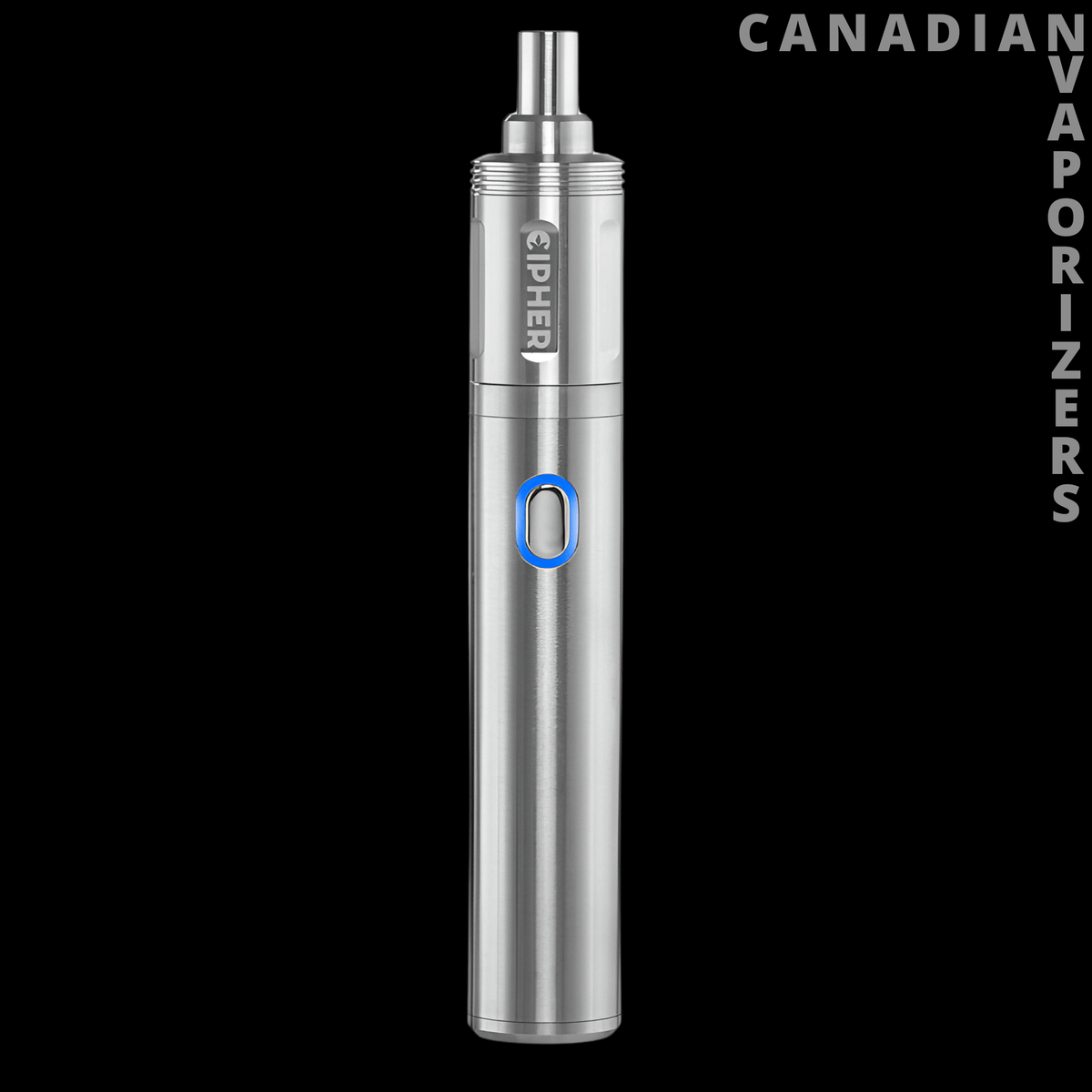 Cipher Nova - Sleek silver Cipher Nova vape pen with a blue oval button and slim cylindrical body.