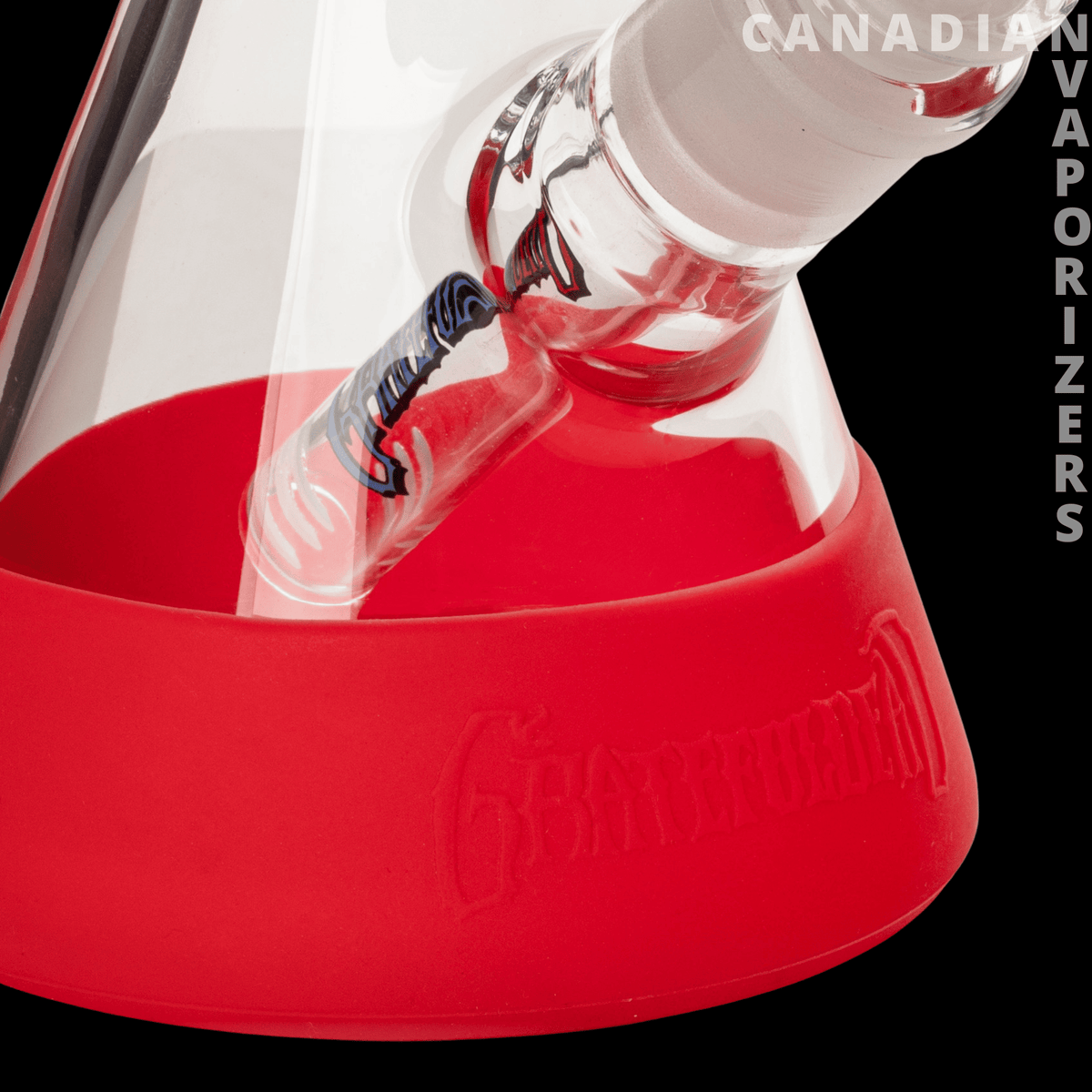 Gear Premium 10" Space Your Face Beaker Base Water Pipe - Close-up of a clear glass water pipe with a bright red beaker base and embossed branding.