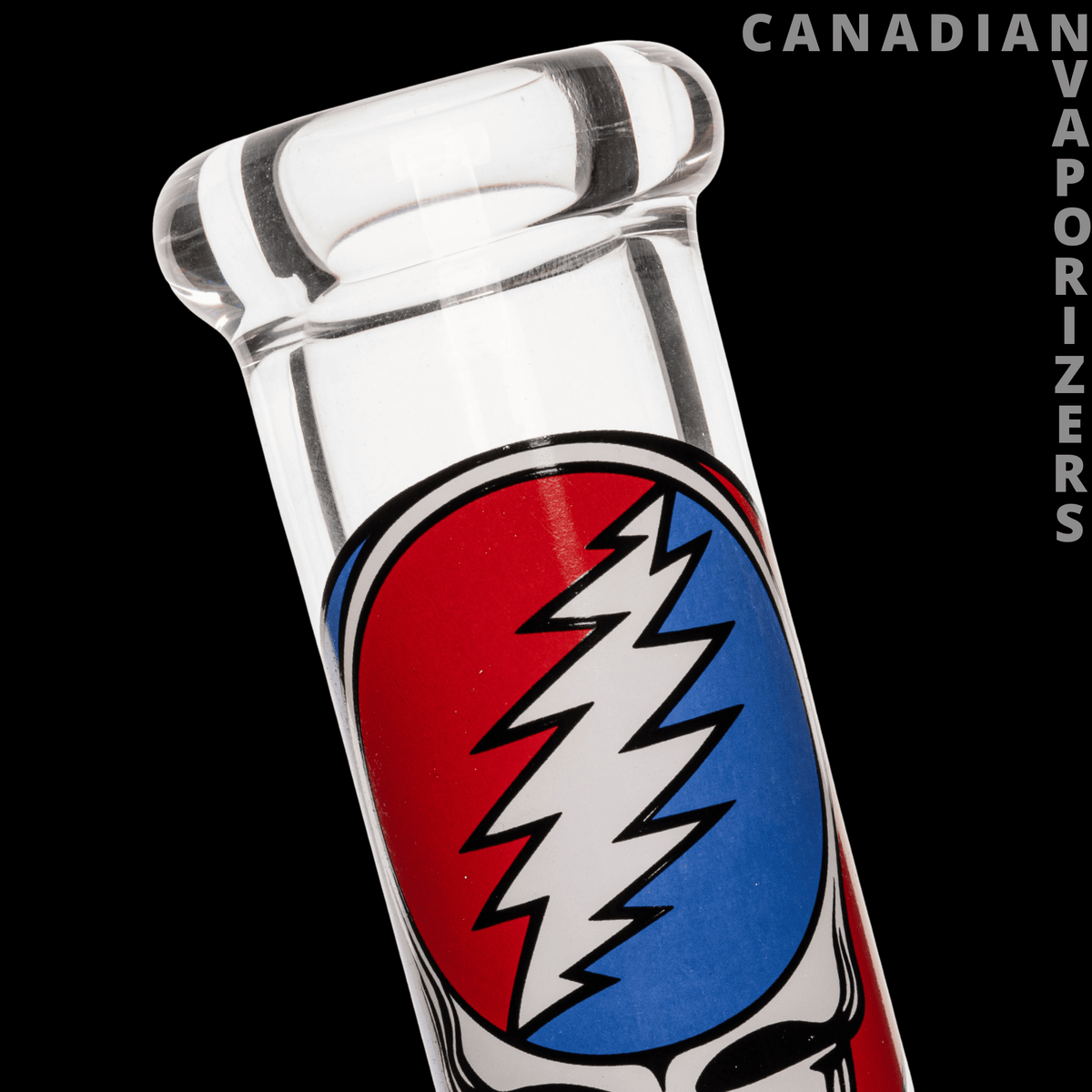 Gear Premium 10" Space Your Face Beaker Base Water Pipe - Clear glass beaker water pipe with a red-and-blue lightning bolt emblem and thick flared mouthpiece.