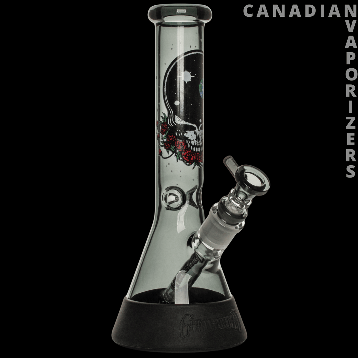 Gear Premium 10" Space Your Face Beaker Base Water Pipe - Black and clear glass beaker water pipe with a moon-and-skull graphic and angled downstem.