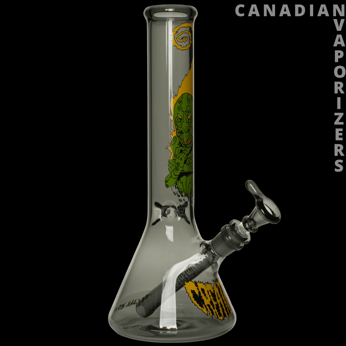 Gear Premium 12" Goblin Beaker Base Water Pipe *Creature - Clear glass beaker water pipe with a green goblin graphic and yellow accents, angled side bowl and ice catcher.