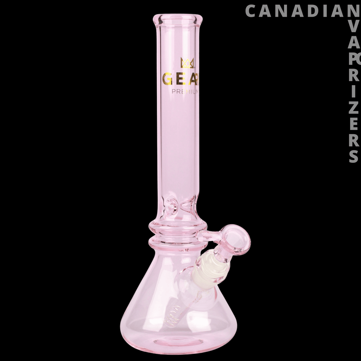 Gear Premium | 12" Tall Freaker Beaker Tube - Pale pink glass beaker tube with flared base, side bowl, and gold Gear lettering.
