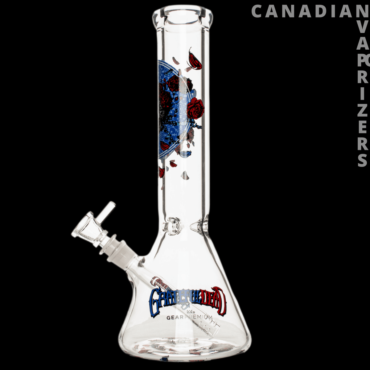 Gear Premium 13” 7mm Thick Bertha Beaker Base Water Pipe - Clear glass beaker water pipe with a 7mm-thick tube, angled joint, and blue-red graphic accents.