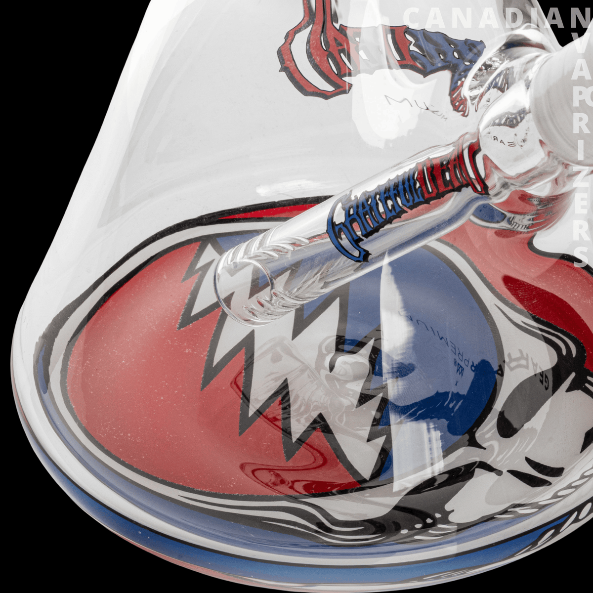 Gear Premium 13” 7mm Thick Steal Your Face Beaker Base Water Pipe - Clear glass water pipe with a red, white, and blue Steal Your Face design and striped downstem.