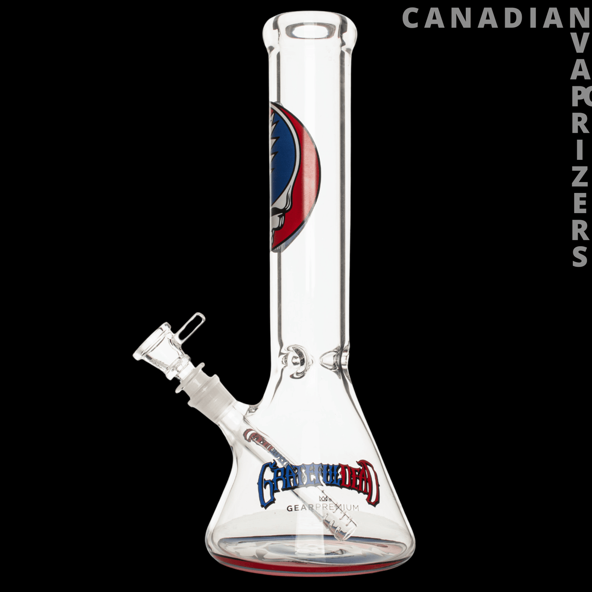 Gear Premium 13” 7mm Thick Steal Your Face Beaker Base Water Pipe - Clear glass beaker water pipe with a thick base, angled joint, and red-and-blue Steal Your Face decal.