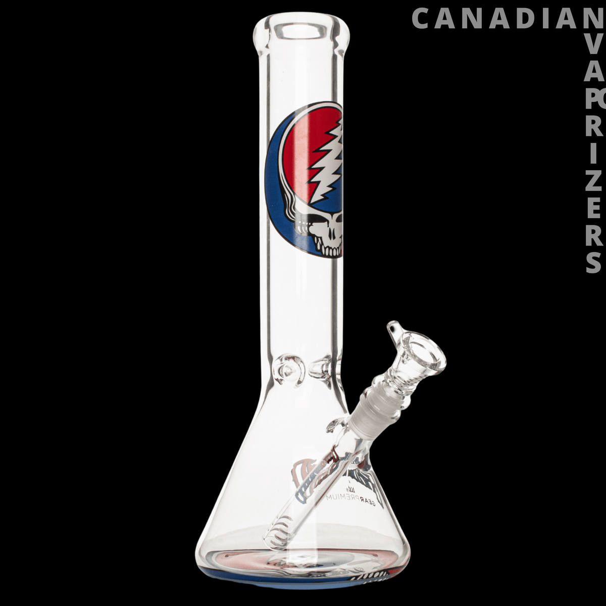 Gear Premium 13” 7mm Thick Steal Your Face Beaker Base Water Pipe - Clear glass beaker water pipe with a red, white, and blue Steal Your Face decal and angled joint.