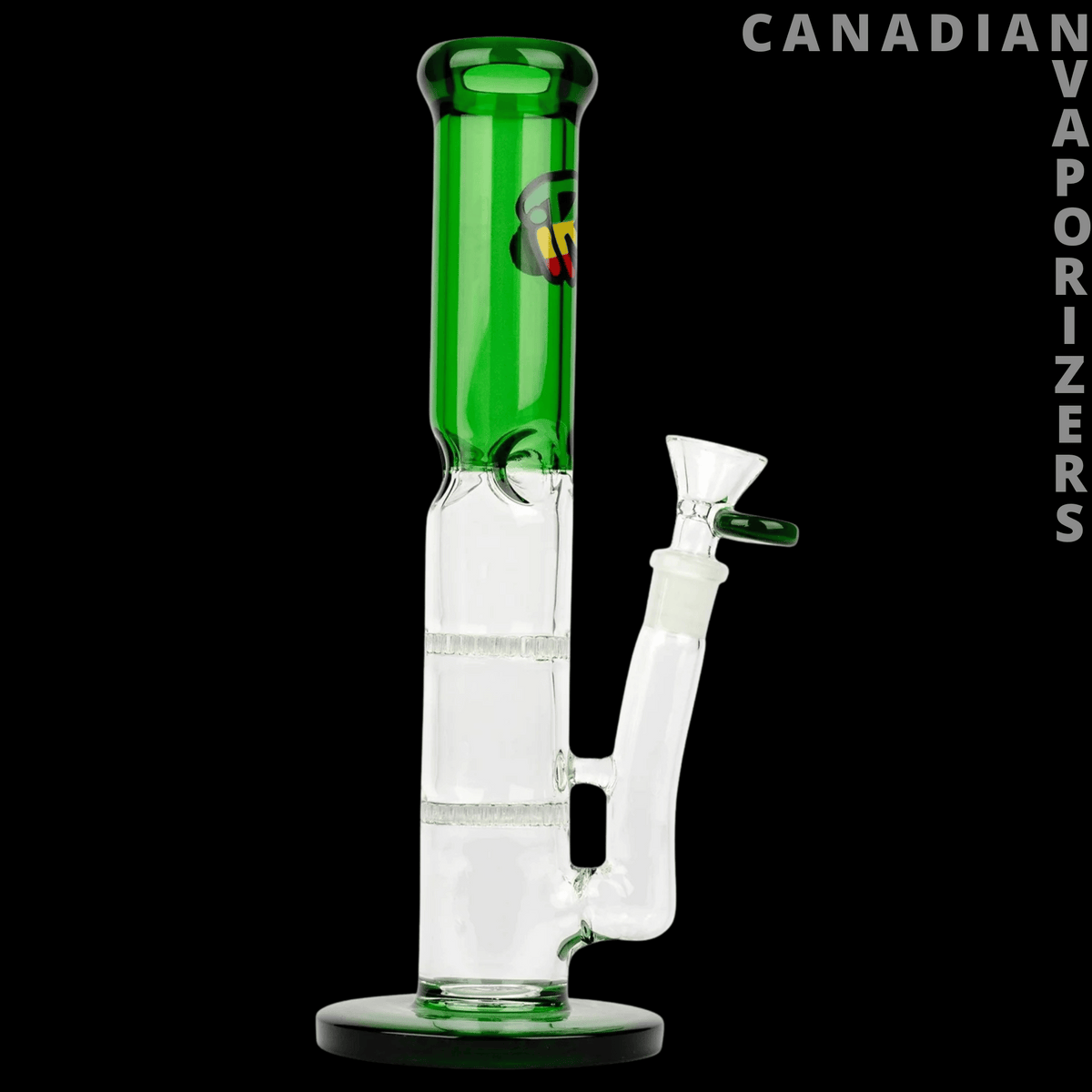 iRie 10" Turks Straight Tube - Green 10-inch straight glass tube with clear lower chamber, side stem, and black base.