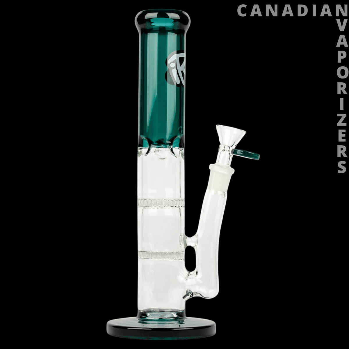 iRie 10" Turks Straight Tube - Green and clear glass 10-inch straight tube with a cylindrical chamber, side arm, and round black base.