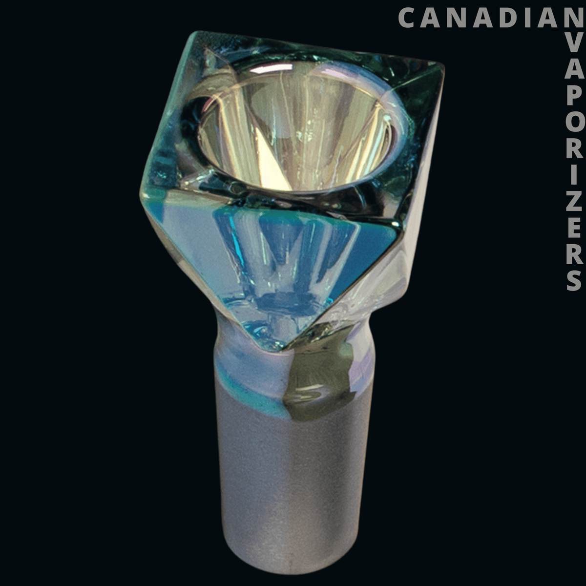 Jane West 14mm Twenties Collection Pull-Out - Blue glass 14mm pull-out bowl with a square faceted top, metallic interior, and frosted gray stem.