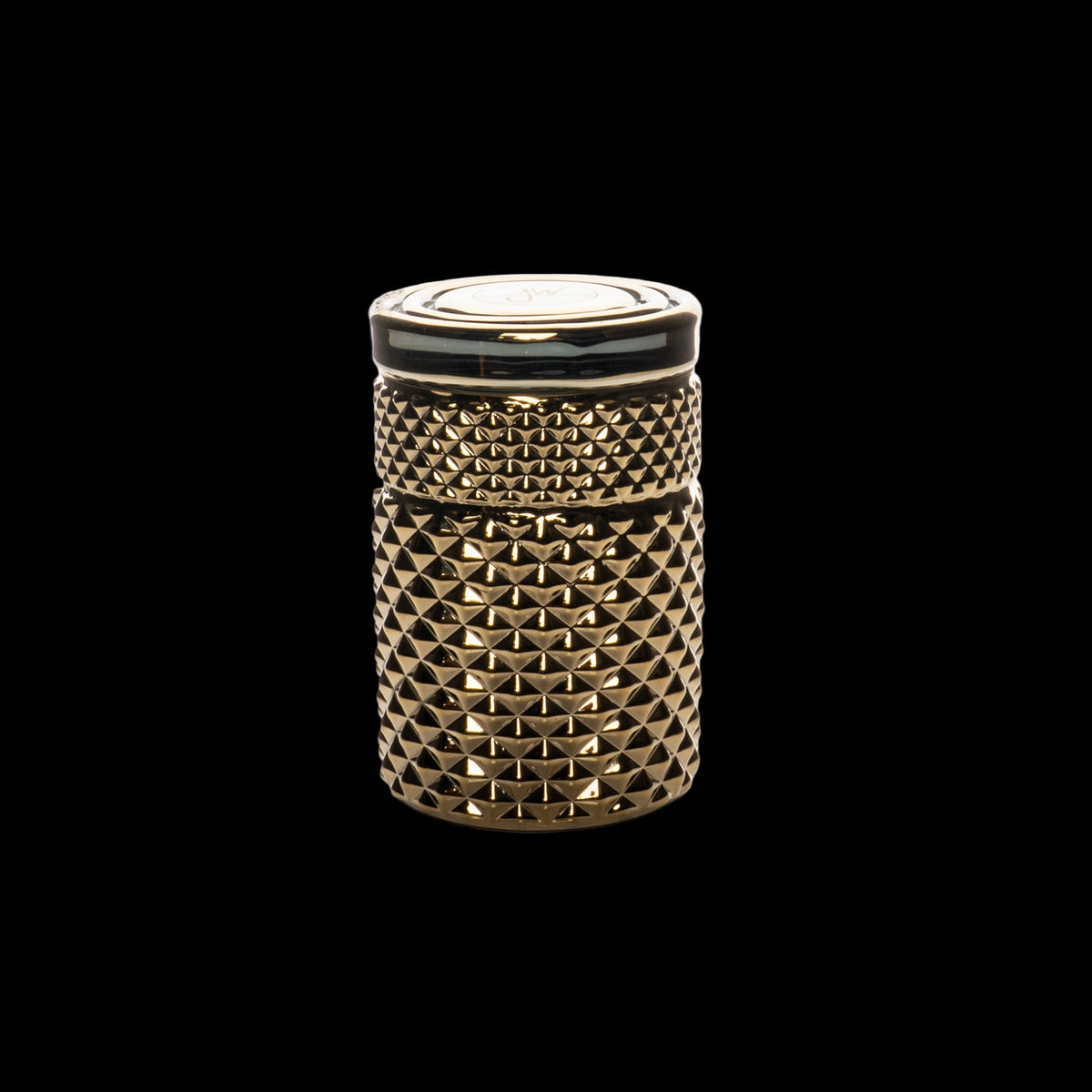 Jane West 3" Twenties Collection Stash Jar - Small black and gold cylindrical stash jar with an ornate geometric texture and round lid.