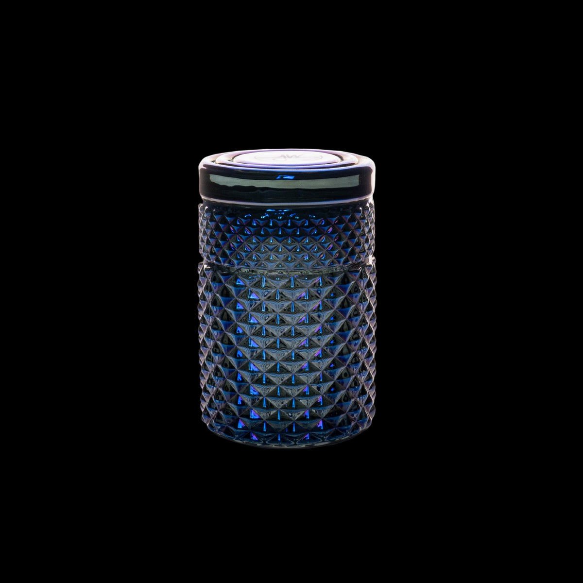 Jane West 3" Twenties Collection Stash Jar - Blue glass stash jar with a textured geometric pattern and a black screw-top lid.