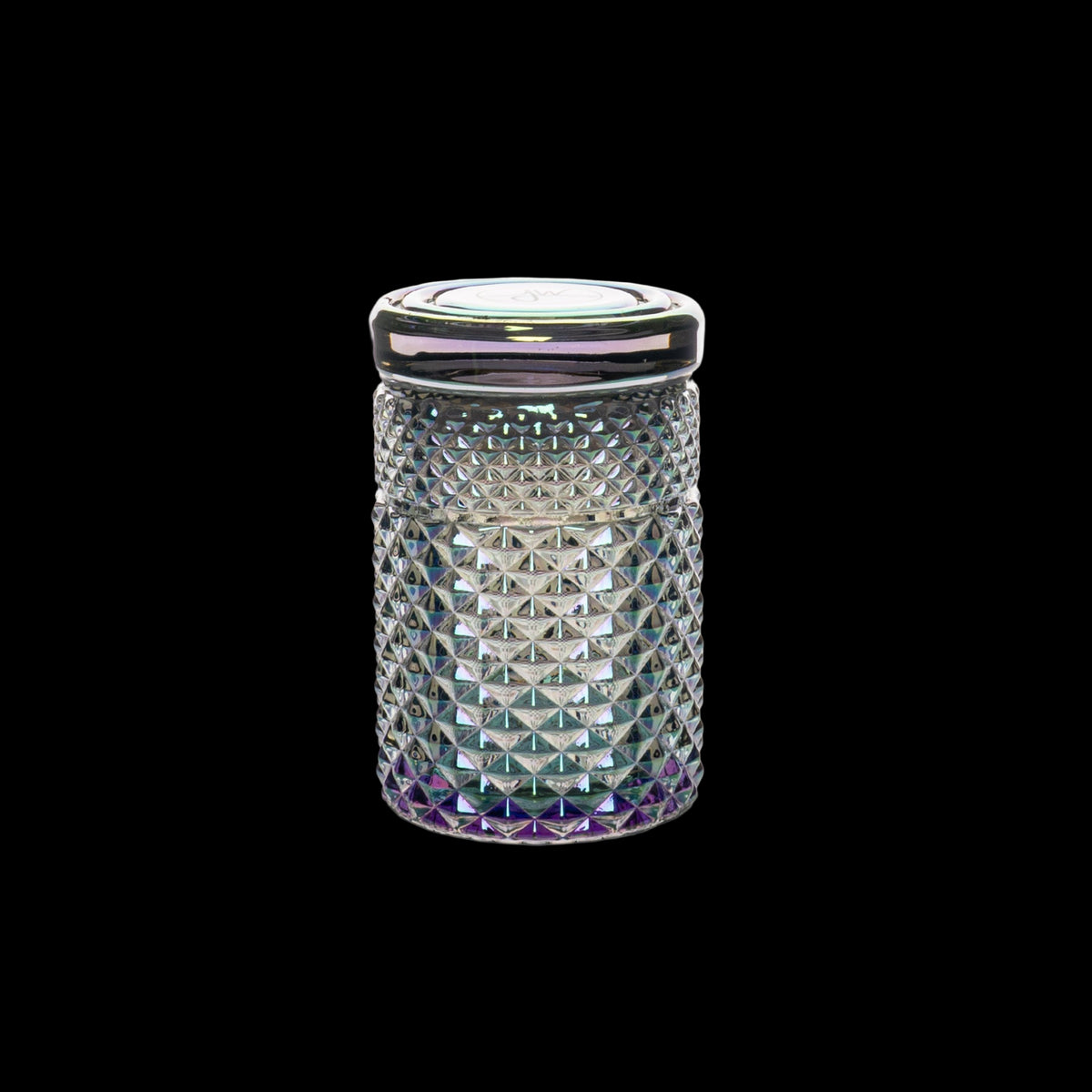 Jane West 3" Twenties Collection Stash Jar - Small cylindrical glass stash jar with a faceted, iridescent finish and a silver screw-top lid.