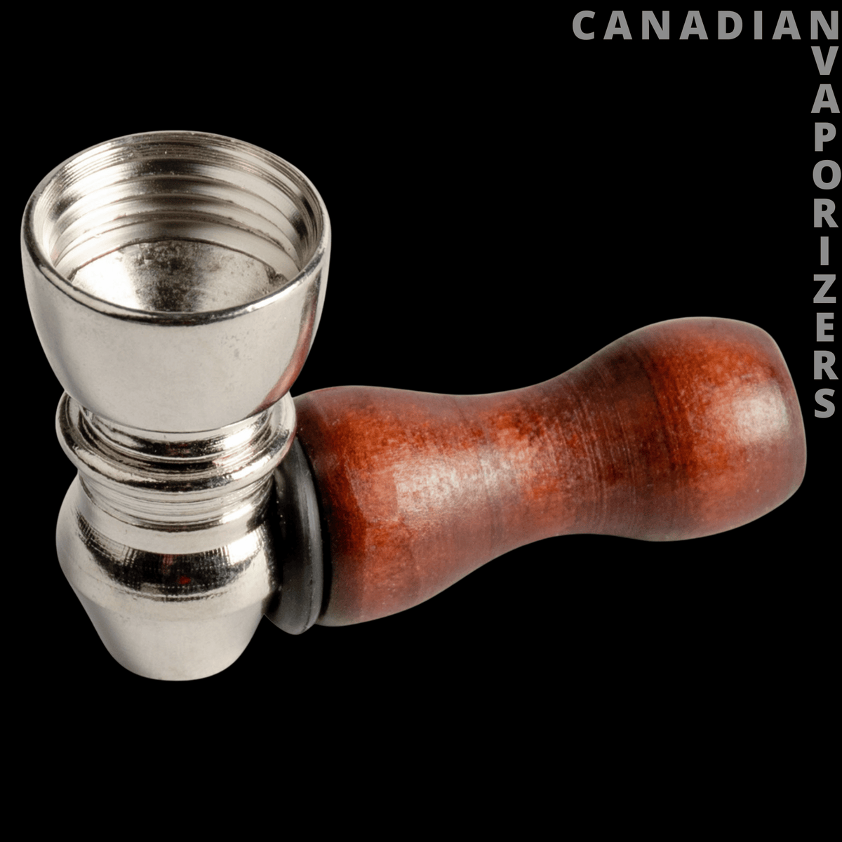 Mini Nickel & Wood Metal Pipe - Mini pipe with a polished nickel bowl and fittings, paired with a curved reddish-brown wood handle.