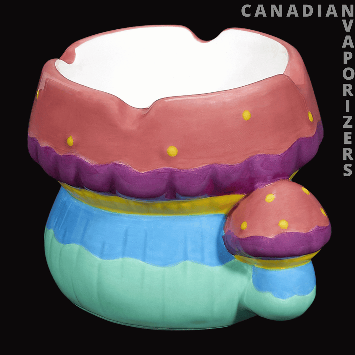 Mushroom Ashtray - Colorful mushroom-shaped ashtray with a pink cap, purple scalloped rim, yellow spots, and turquoise base.