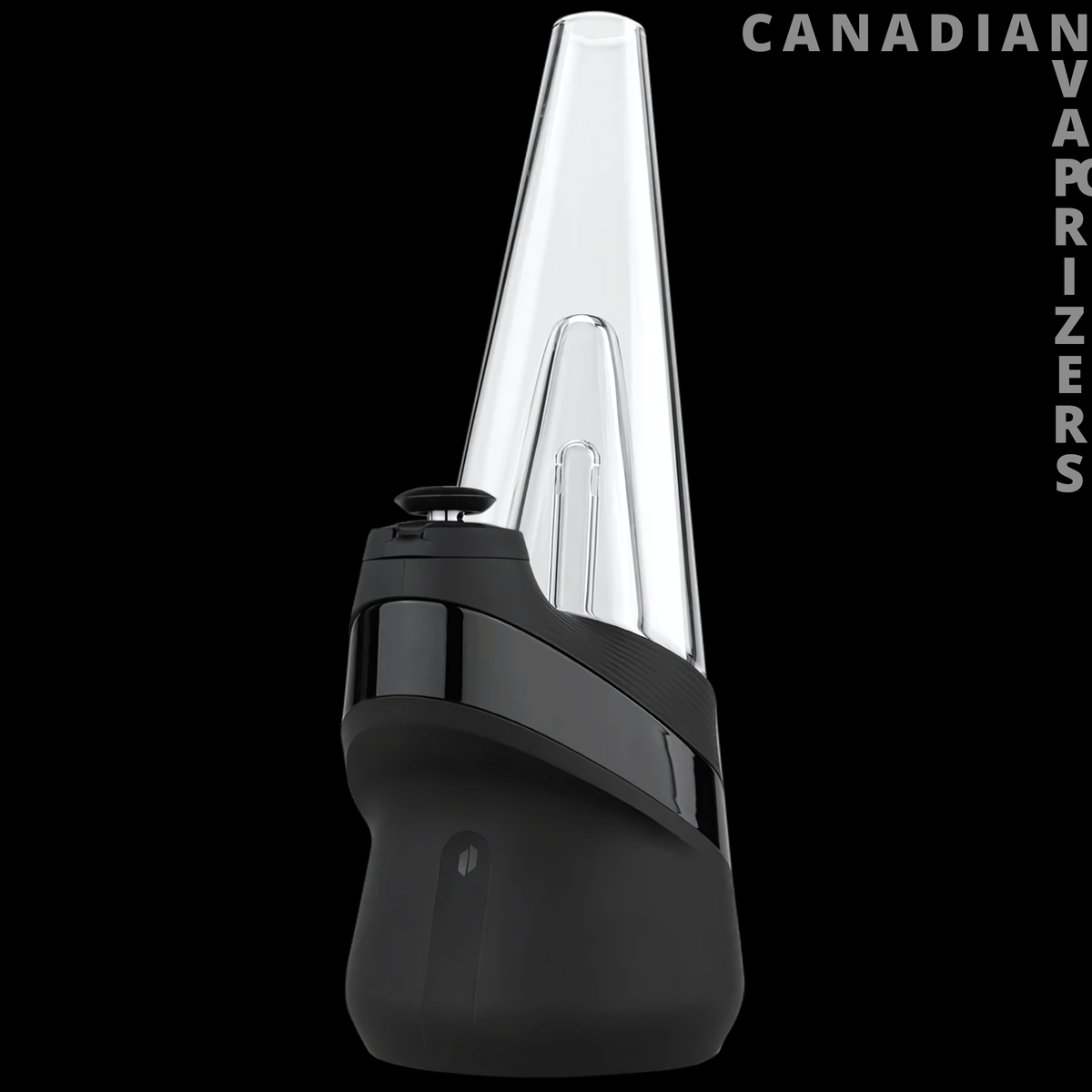 Puffco New Peak - Black Puffco New Peak vaporizer with a translucent tapered glass top and sleek curved base.