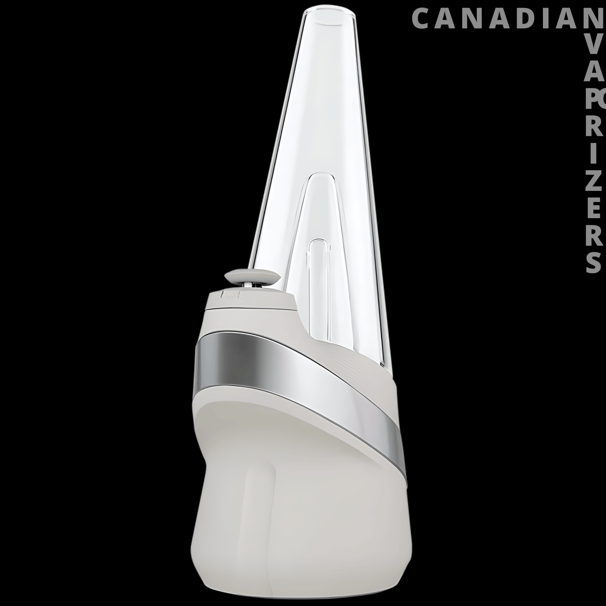Puffco New Peak - White Puffco New Peak vaporizer with a sleek tapered glass top and curved metallic band.