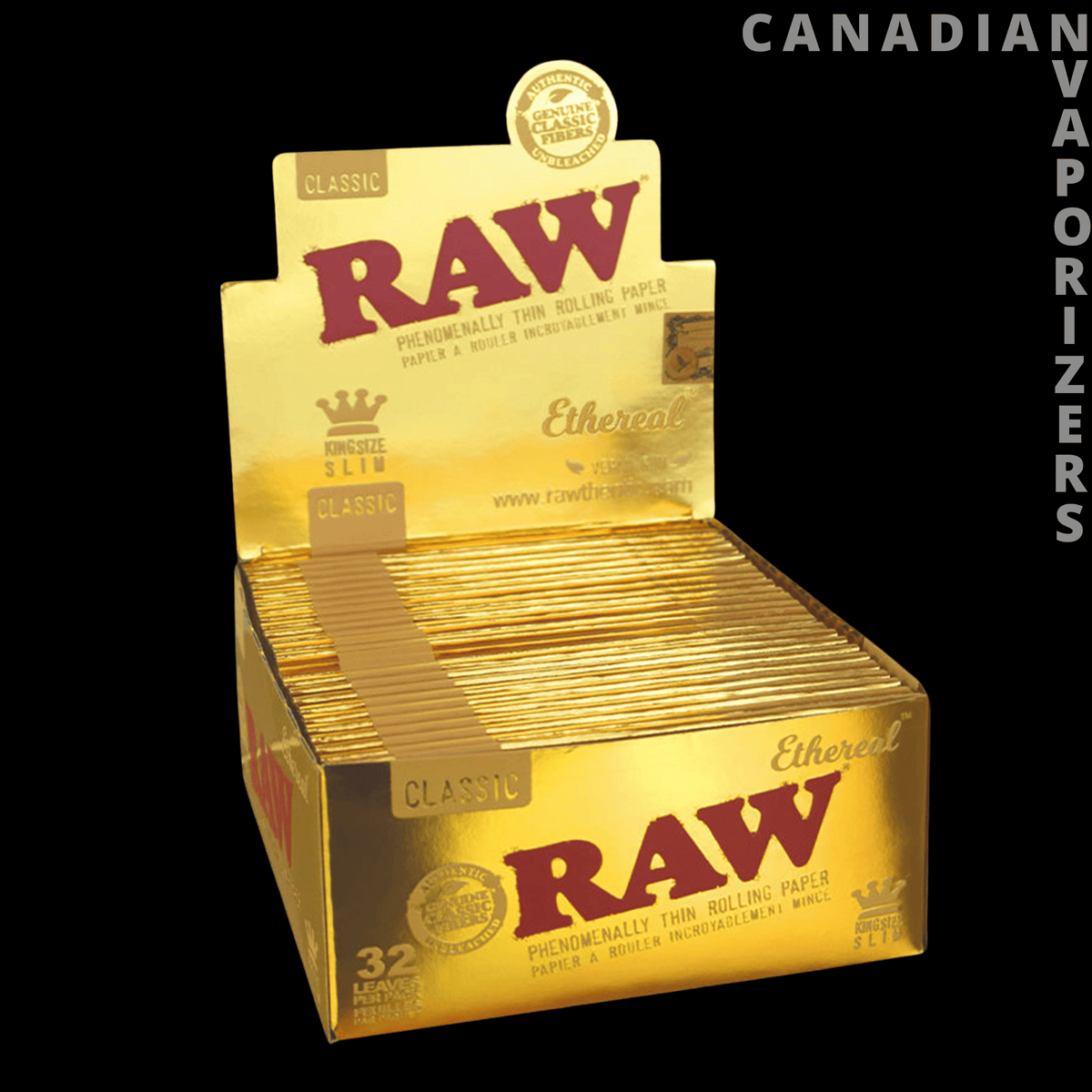 Raw Classic King Size Ethereal Phenomenally Thin Rolling Papers (Display of 50) - Gold RAW Classic Ethereal rolling paper display box filled with packs, labeled 32 leaves per pack.
