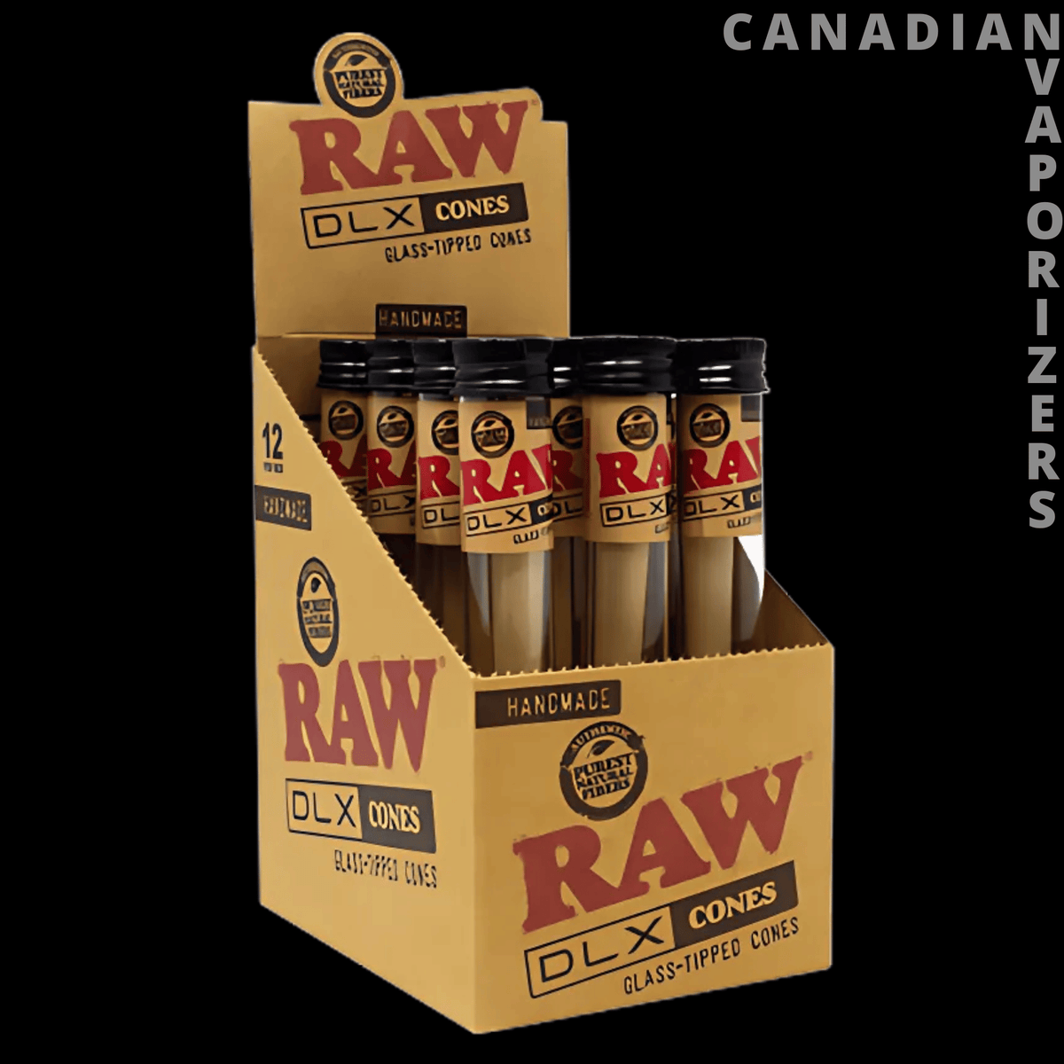 Raw DLX Cannon Glass-Tipped Cones (Display of 12) - Display box of 12 Raw DLX glass-tipped cones in tan and black packaging with red RAW logos.