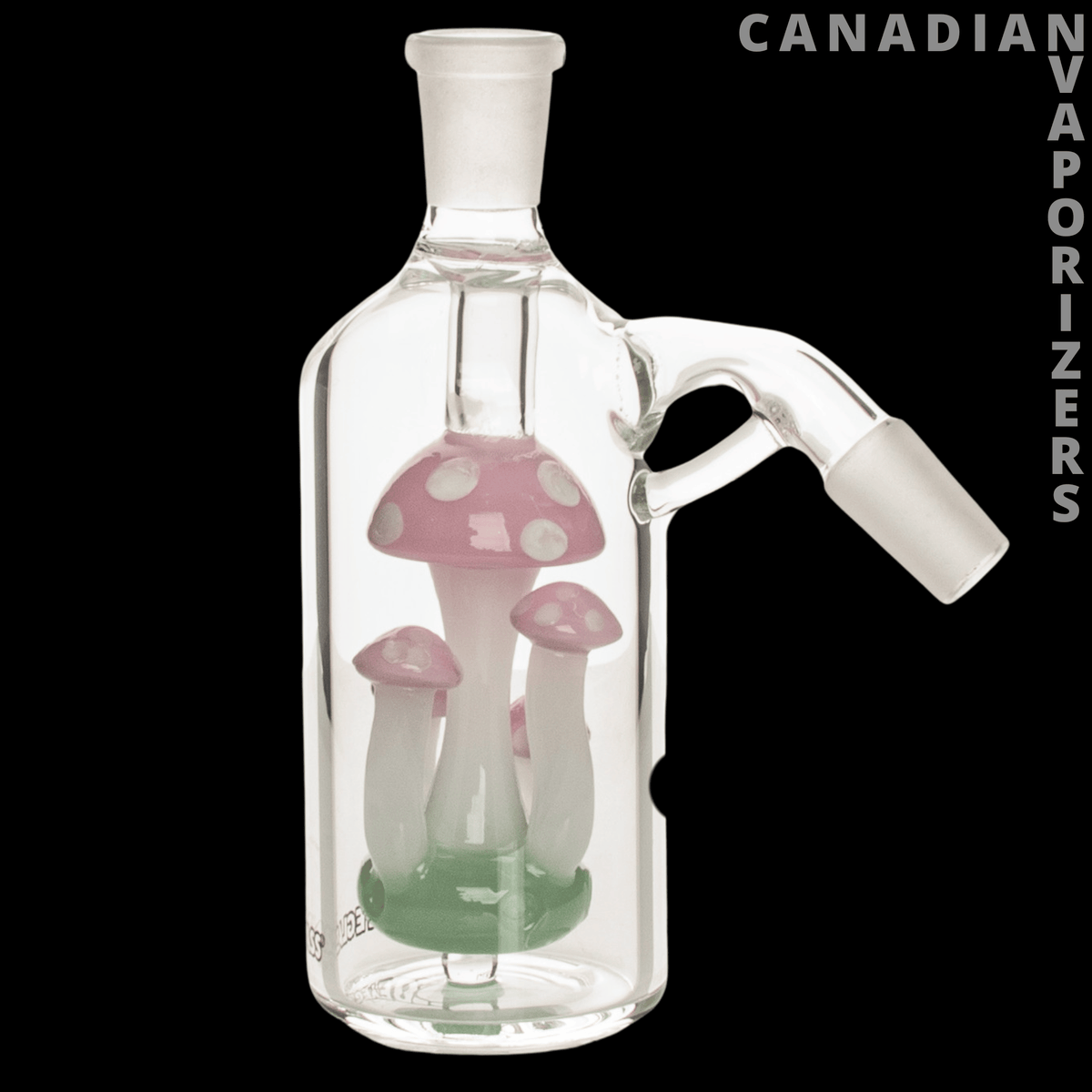 Red Eye Glass 14mm 45 Degree Amanita Ash Catcher - Clear glass 45-degree ash catcher with pink and green mushroom artwork inside and a side joint.