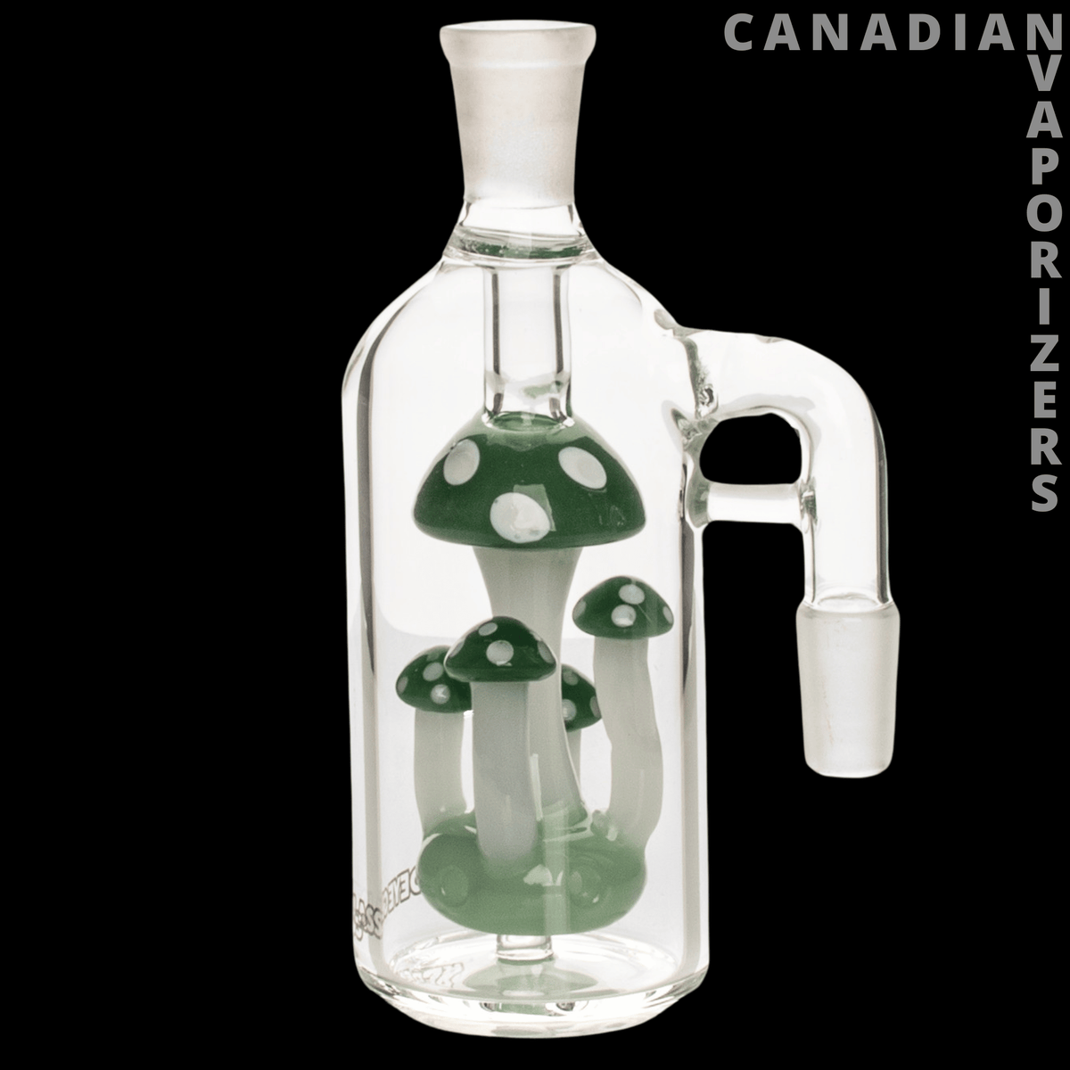 Red Eye Glass 14mm 90 Degree Amanita Ash Catcher - Clear glass 90-degree ash catcher with stacked green-and-white mushroom percolators and a frosted joint.