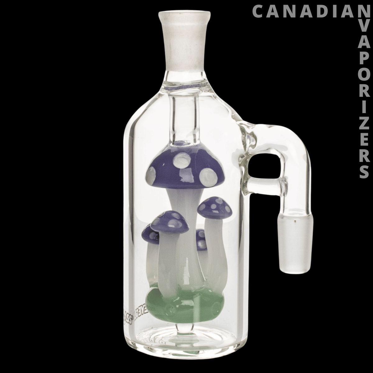 Red Eye Glass 14mm 90 Degree Amanita Ash Catcher - Clear glass 90-degree ash catcher with purple mushroom details, green base, and frosted joint.