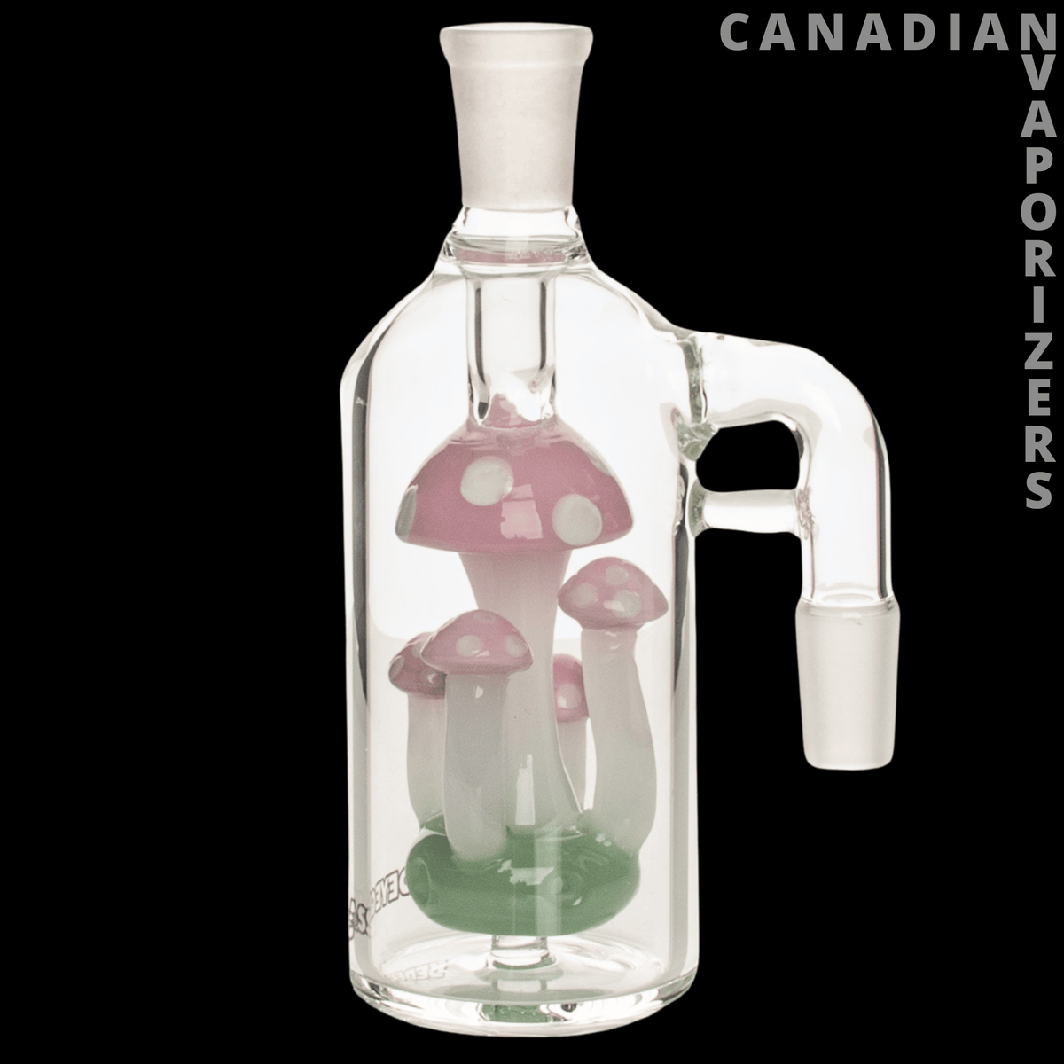 Red Eye Glass 14mm 90 Degree Amanita Ash Catcher - Clear glass 90-degree ash catcher with red-and-white amanita mushrooms and a green base.