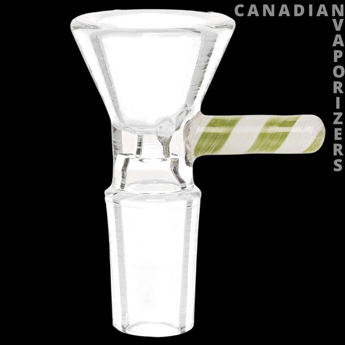 Red Eye Glass 14mm Candy Stripe Handle Pull-Out - Clear glass 14mm pull-out bowl with a wide flared cup and green-and-white striped handle.