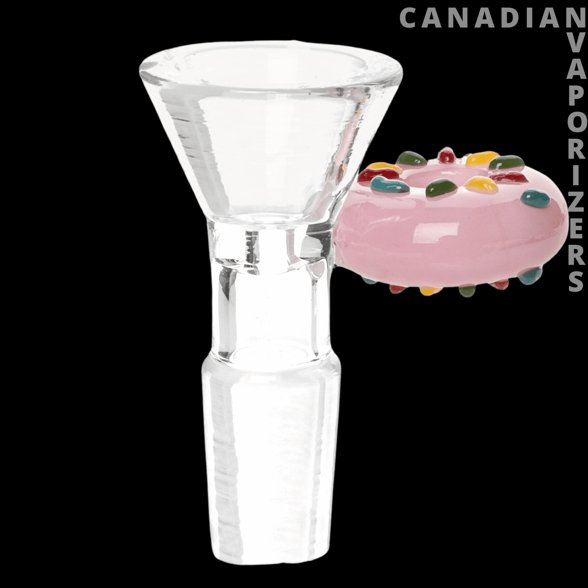 Red Eye Glass 14mm Donut Handle Pull-Out - Clear glass 14mm pull-out bowl with a wide flared top and a pink donut handle dotted with colorful sprinkles.