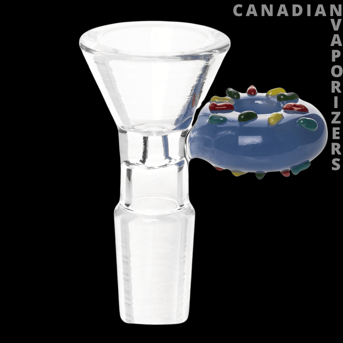 Red Eye Glass 14mm Donut Handle Pull-Out - Clear glass 14mm pull-out bowl with a flared funnel and blue donut-shaped handle dotted with colorful accents.
