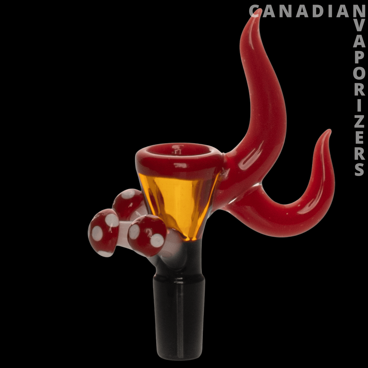 Red Eye Glass 14mm Mushroom Cluster Pull-Out - Red glass mushroom cluster bowl with white spots, amber chamber, and curved red pull-out stem.