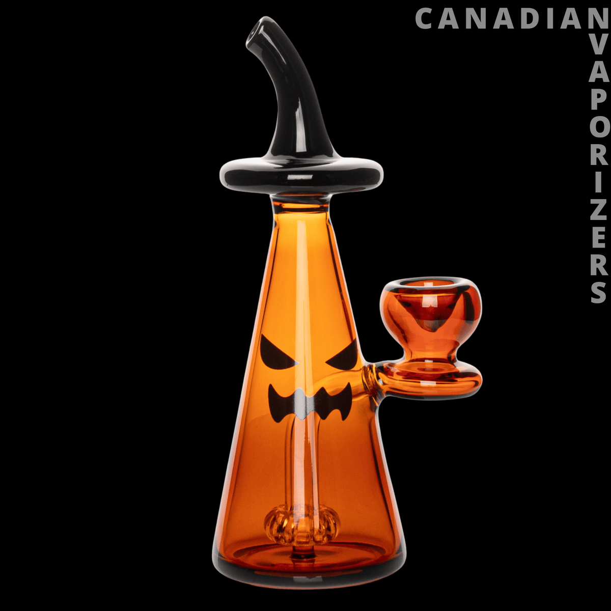Red Eye Glass 6.5" Halloween Jack Bubbler - Orange glass Halloween jack bubbler with black bat face, clear curved mouthpiece, and side bowl.