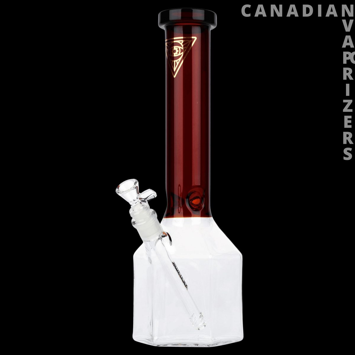 Red Eye Tek | 14" Honeycomb Tube - 14-inch Red Eye Tek glass tube with a burgundy neck, clear honeycomb chamber, and white angled downstem.