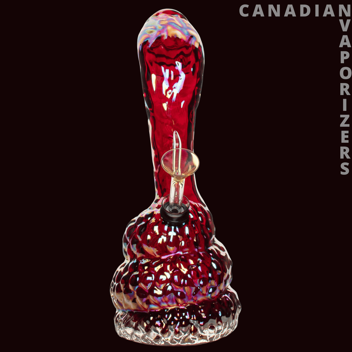 Retro Glass 10" Platinum Metallic Cobra Water Pipe - Red and platinum metallic glass cobra water pipe with a sculpted serpent neck and textured round base.