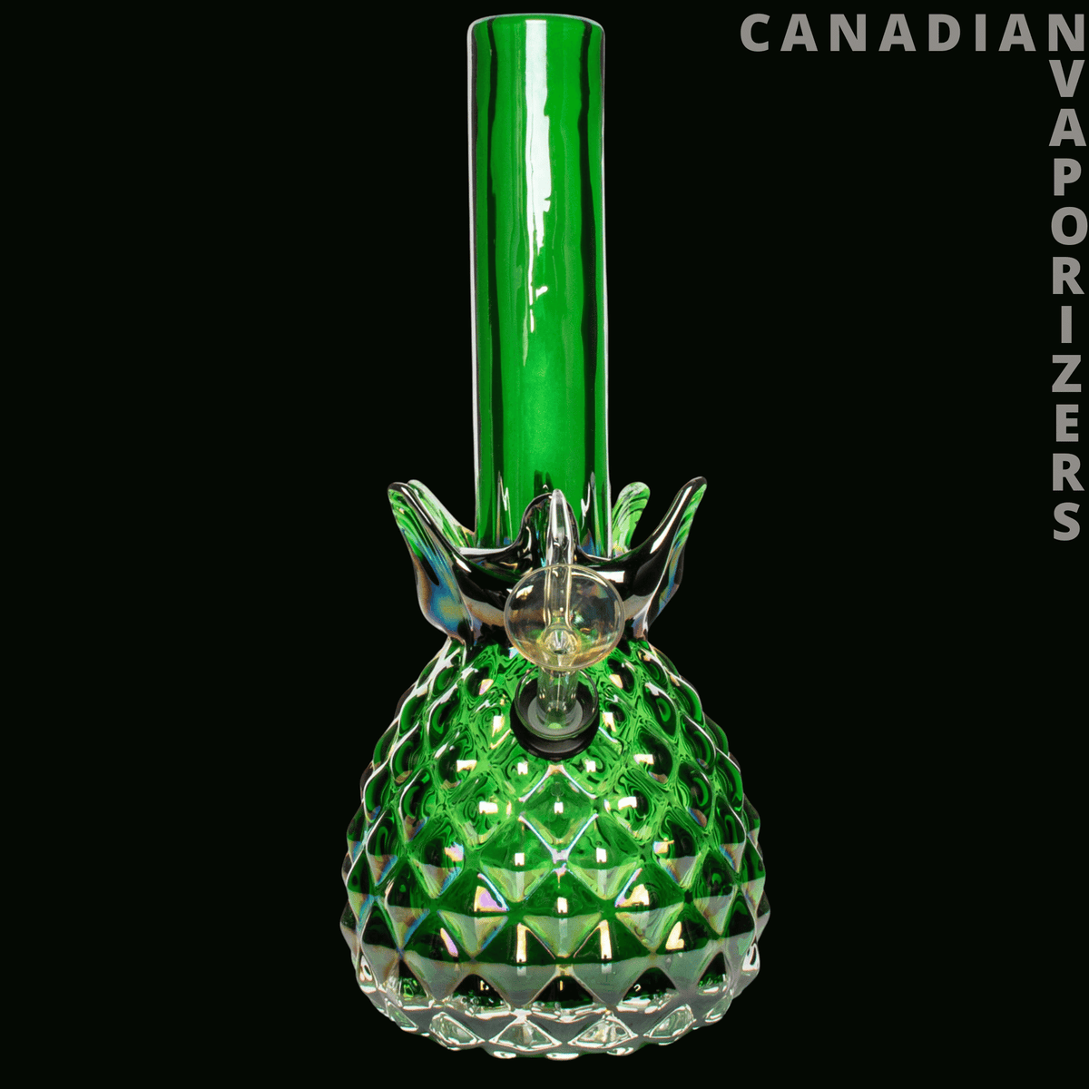 Retro Glass 10" Platinum Metallic Pineapple Water Pipe - Green glass water pipe with a faceted pineapple-shaped base and crown-like mouthpiece.