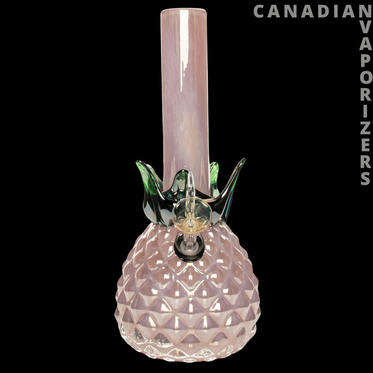 Retro Glass 10" Platinum Metallic Pineapple Water Pipe - Pink-tinted glass pineapple water pipe with faceted body, green crown accents, and a tall clear neck.