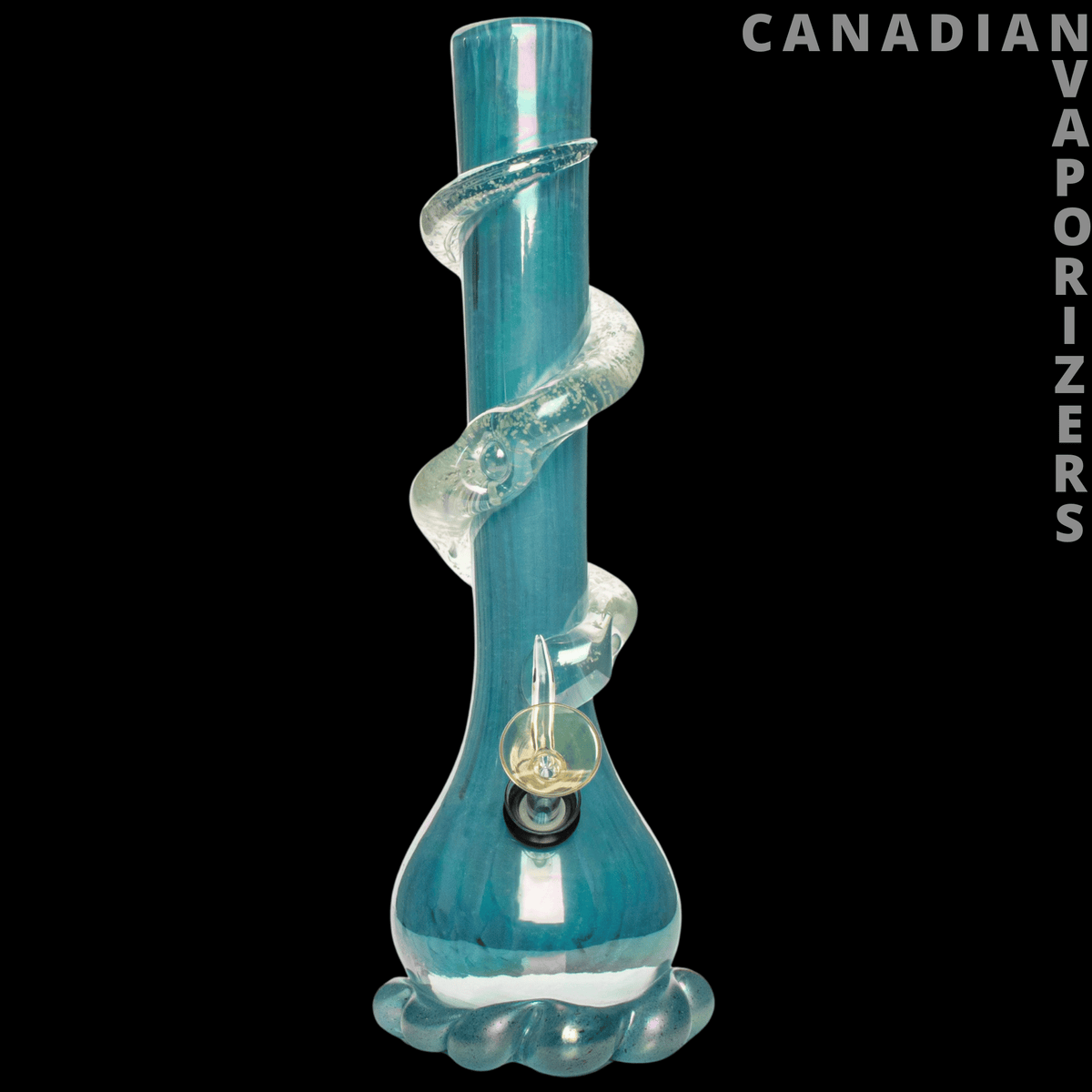 Retro Glass 12" Glow-in-the-Dark Bubble Base Water Pipe - 12-inch teal glass water pipe with a twisted stem, bubble base, and glow-in-the-dark accents.