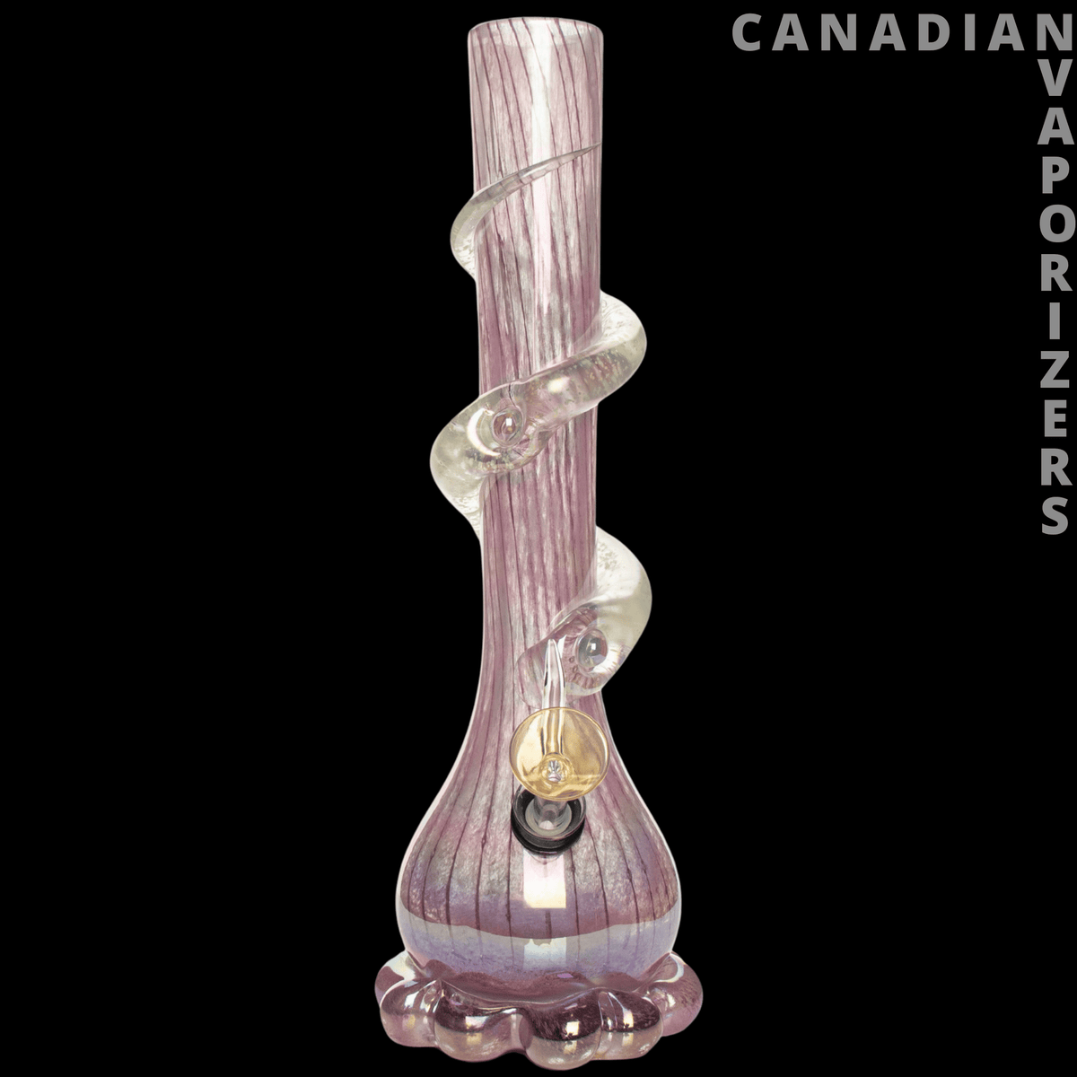 Retro Glass 12" Glow-in-the-Dark Bubble Base Water Pipe - Pink-and-white striped glass water pipe with a twisted neck, bubble base, and amber accents.