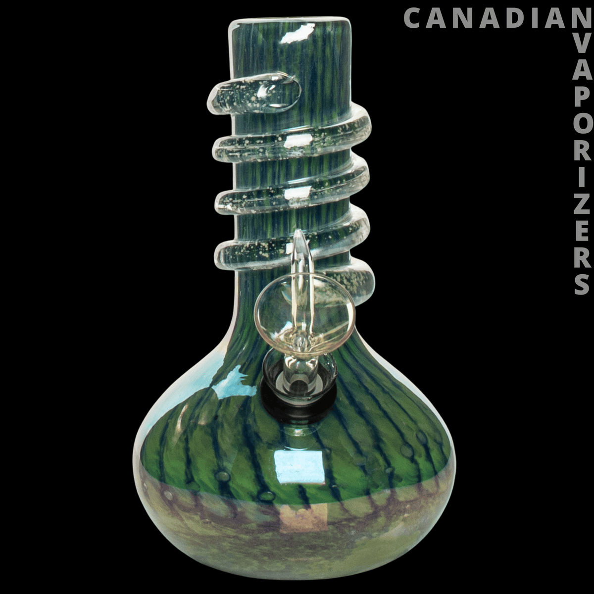 Retro Glass 7" Glow-in-the-Dark Wide Bubble Base Water Pipe - Green and blue glass water pipe with a wide rounded base and spiral ridged neck.