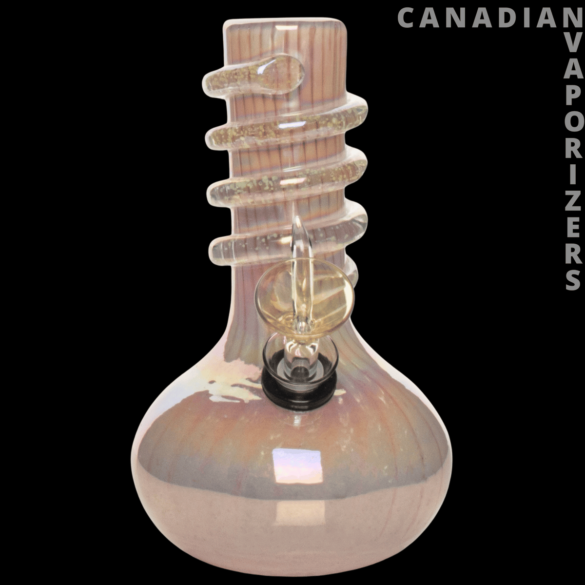 Retro Glass 7" Glow-in-the-Dark Wide Bubble Base Water Pipe - Pearlescent glass water pipe with a wide rounded base and ribbed spiral neck, shown against black.