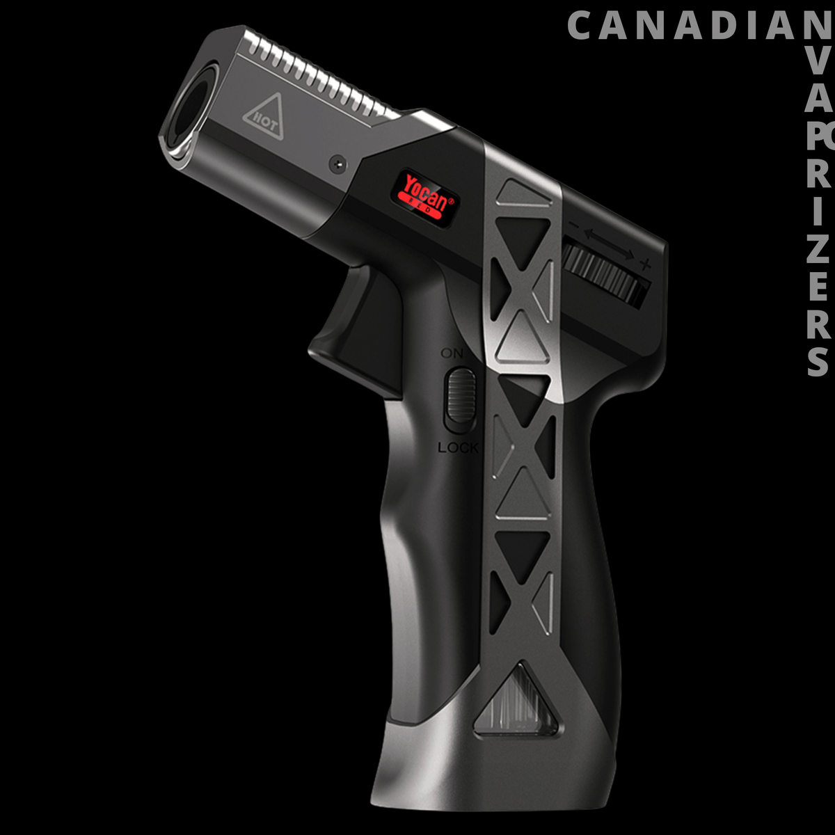 Yocan Delta Torch - Black Yocan Delta Torch with a pistol-shaped body, silver X-pattern grip panels, and red digital display.