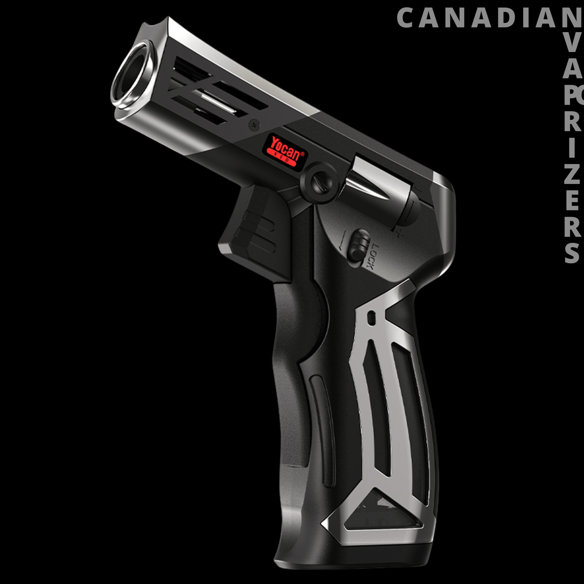 Yocan Diablo Torch - Black and silver pistol-shaped torch with a red digital display and angular cutout grip.