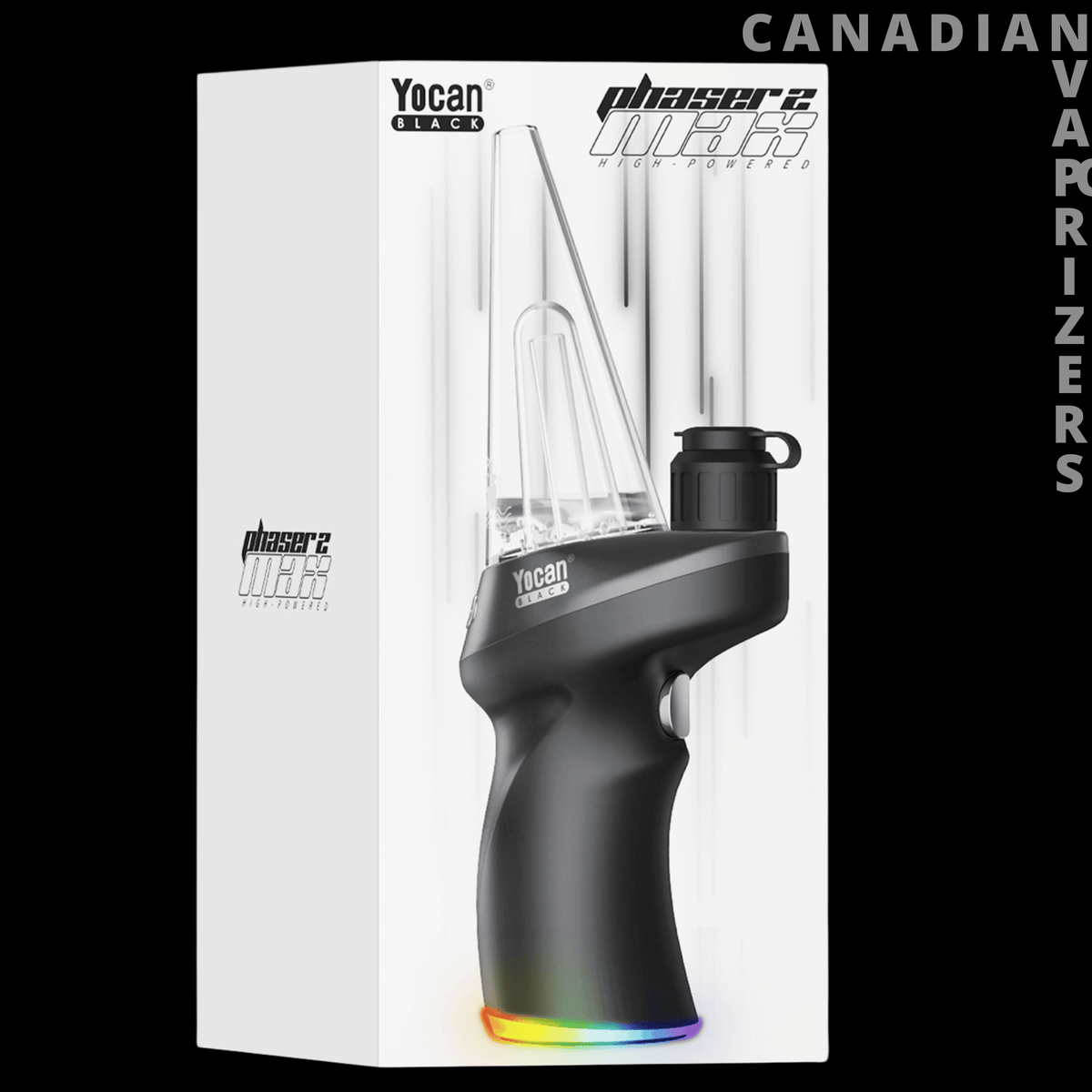 Yocan Black Phaser Max 2 - Black Yocan Phaser Max 2 vaporizer with a curved grip, top-mounted chamber, and rainbow LED base displayed on its box.