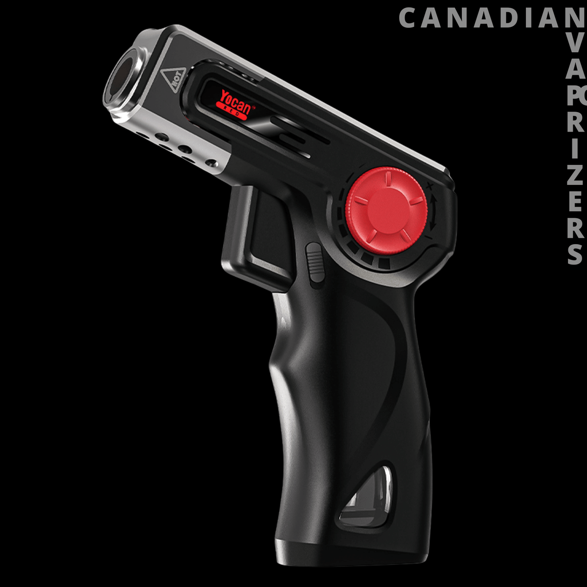 Yocan Rush Torch - Black Yocan Rush torch with a red control dial, digital display, and silver nozzle.