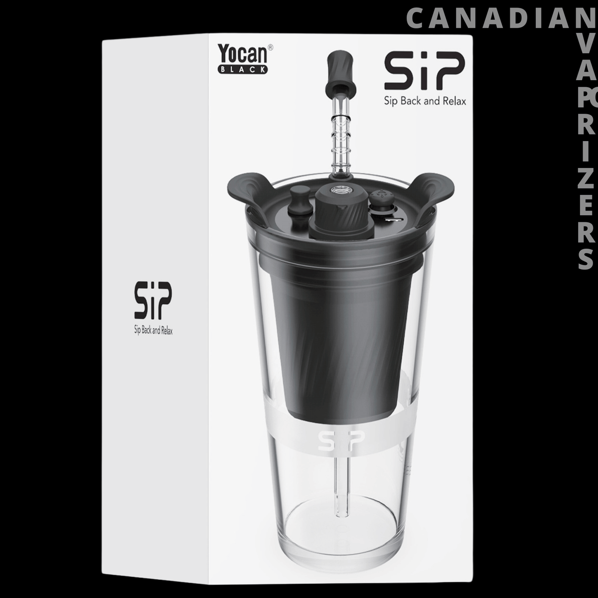 Yocan Black Sip - Yocan Sip black vaporizer with a clear glass chamber displayed on its white retail box.