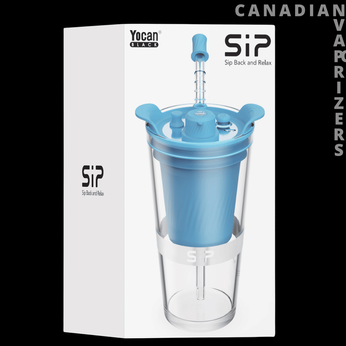 Yocan Black Sip - Yocan Black Sip in blue, with a clear glass cup, stainless steel straws, and white retail box.